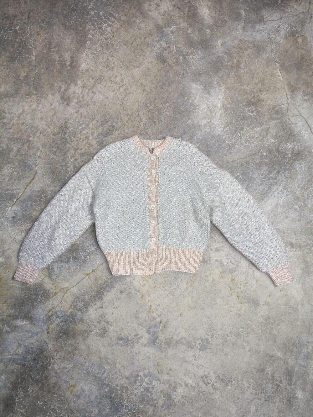 Vtg Liz Claiborne Cream Blue Knit Cardigan Sweater Wool Sz M
